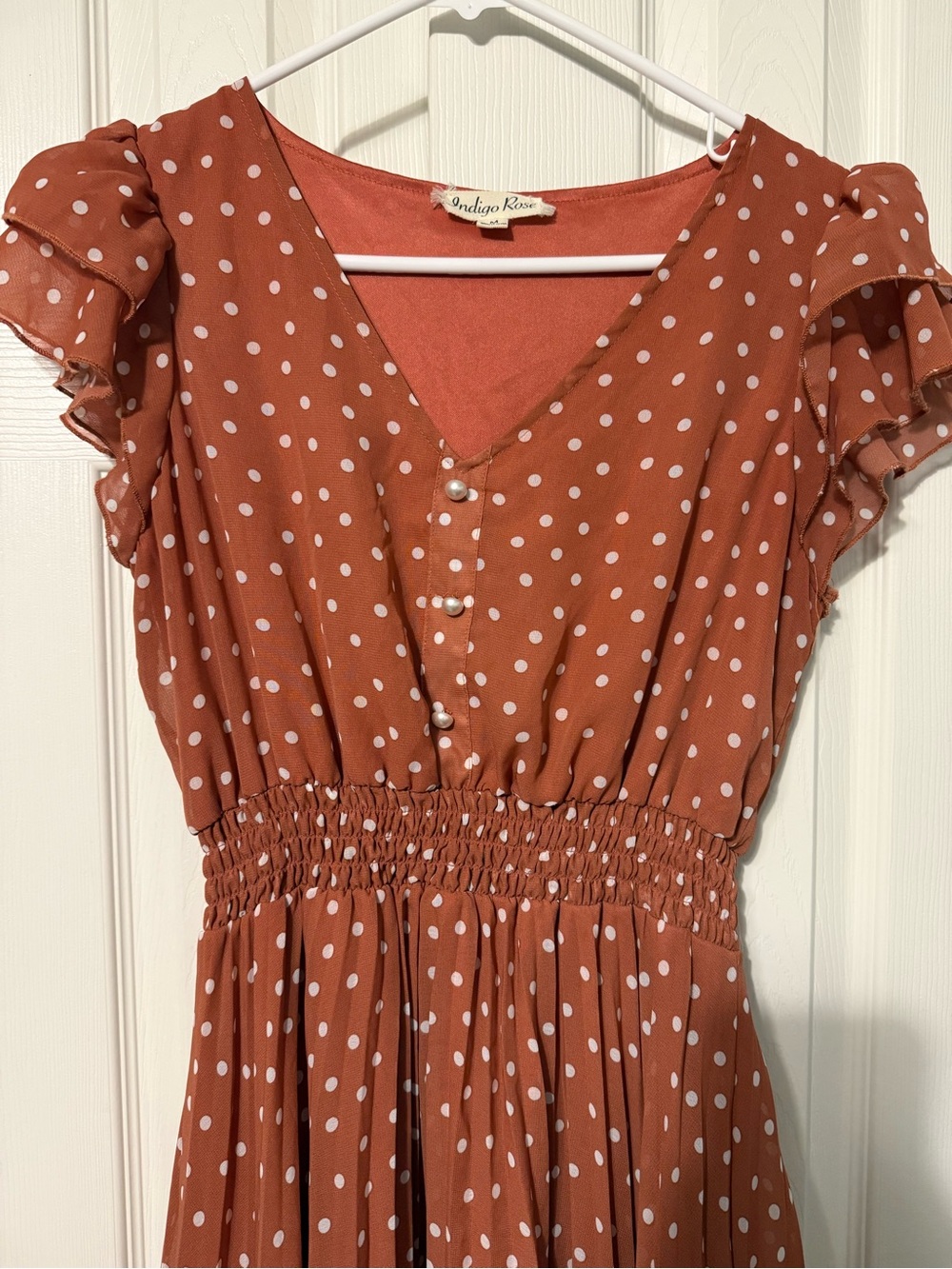 Indigo Rose Rust Polka Dot Smocked Midi Dress - Picture 4 of 7